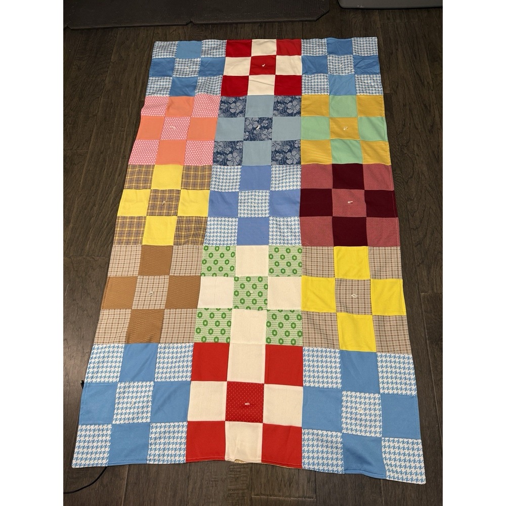 62" X 36" Vintage Retro Fabric Square Patchwork Baby Childs Quilt